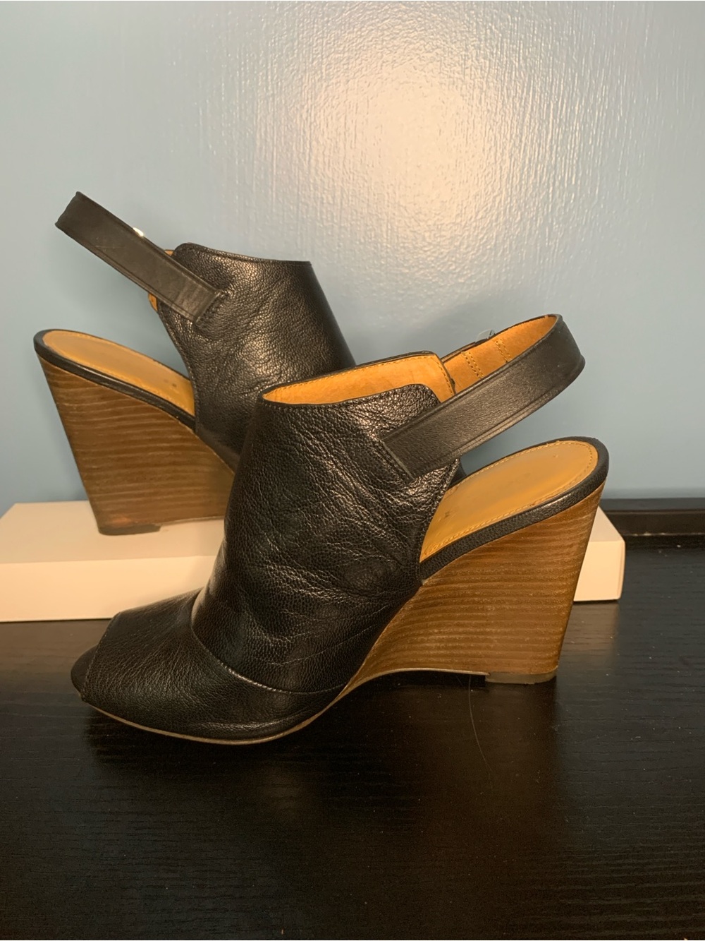 Coach Black Leather Peep-Toe Wedge Slingback Sandals (damaged inside)